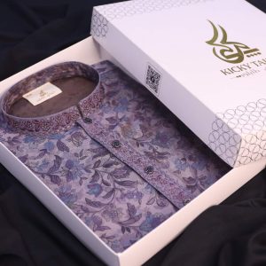 Premium China Silk Printed Panjabi - Ash Floral
