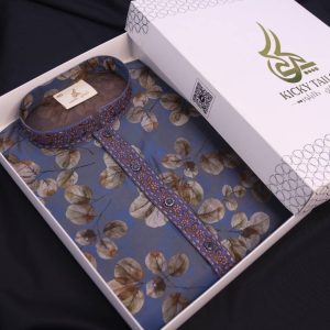 Premium China Silk Printed Panjabi - Indigo Blue