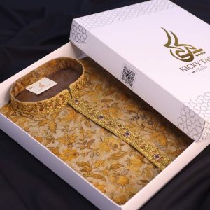 Premium China Silk Printed Panjabi - Golden Floral